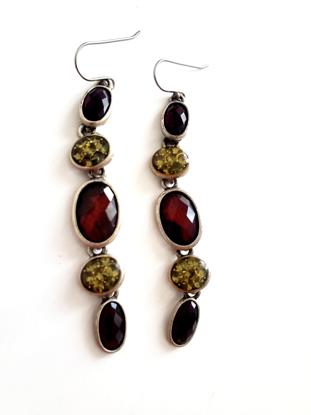Silver Multi-Stone Drop Earrings - Olive Green & Dark Red